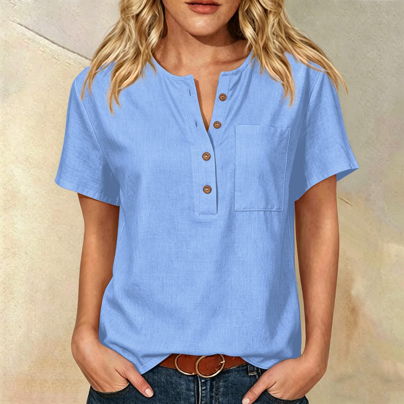 Women Short Sleeve Henley Button Down Shirt with Chest Pocket Cotton Linen Casual Loose Fit Top for Daily Wear Office S
Women Short Sleeve Henley Button Down Shirt with Chest Pocket Cotton Linen Casual Loose Fit Top for Daily Wear Office S