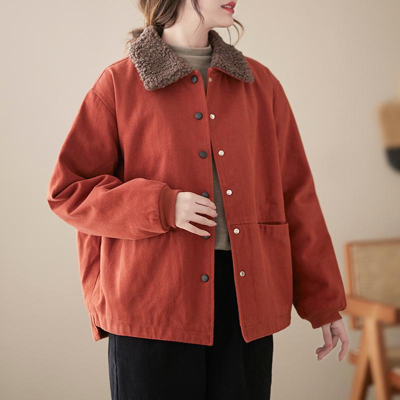 Хлопковая куртка с лацканами, женская куртка больших размеров, теплое модное литературное ретро-пальто 2XL красный