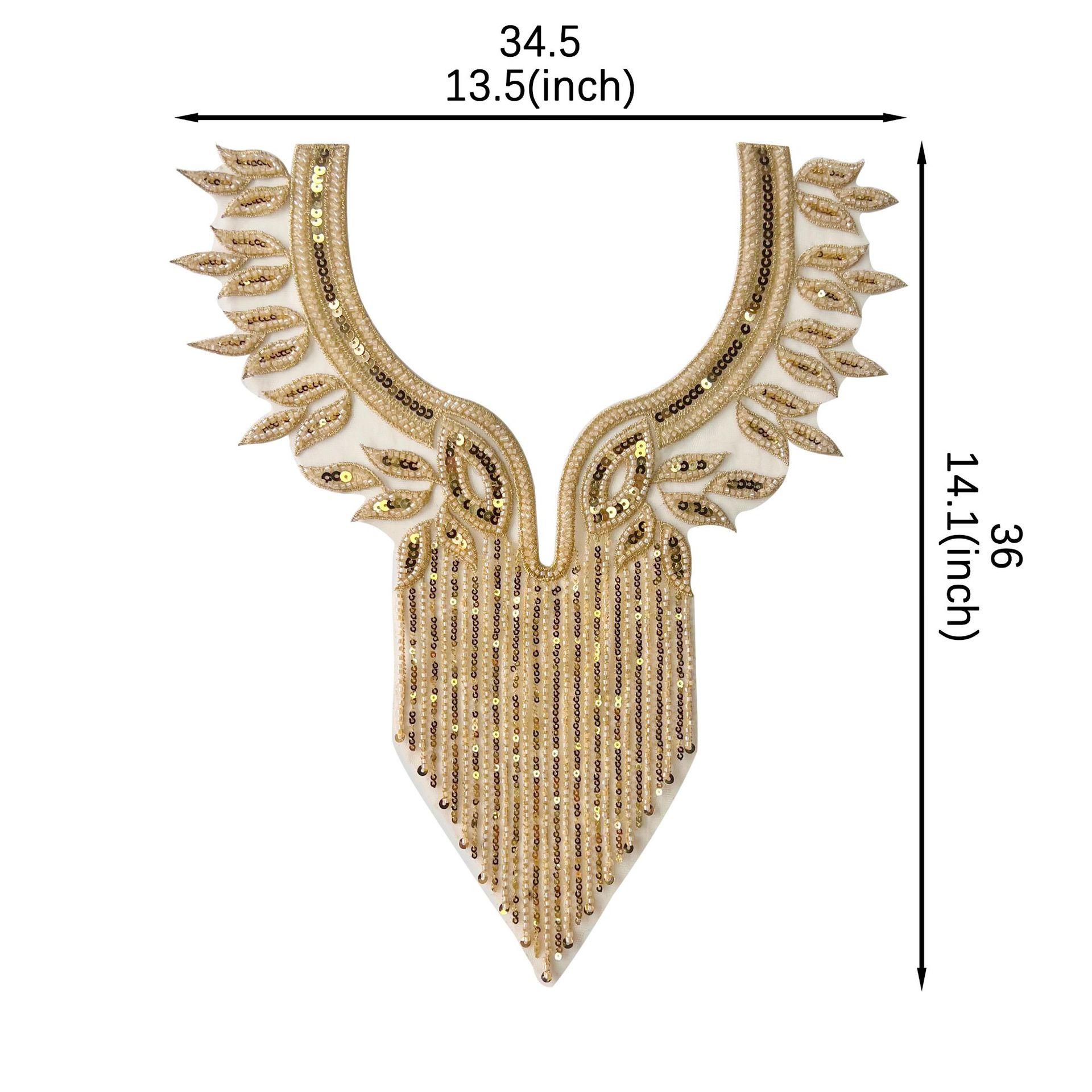 Тяжелая промышленность Золотой V-образный вырез Ручная работа Бисероплетение Кисточки Пайетки Передняя часть Шея Одежда Вечернее платье Декоративные тканевые наклейки Аксессуары H6105