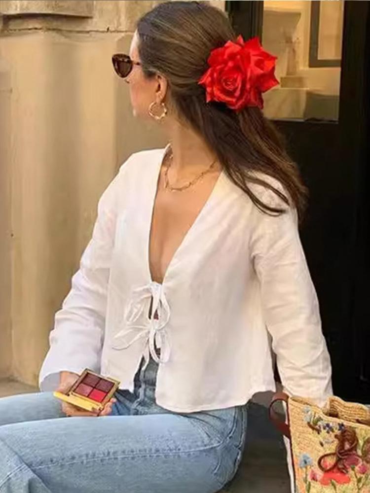 2025 Летние белые рубашки на шнуровке для женщин, элегантные свободные блузки с длинным рукавом и V-образным вырезом, женские однотонные повседневные уличные шикарные женские топы M белый
2025 Летние белые рубашки на шнуровке для женщин, элегантные свободные блузки с длинным рукавом и V-образным вырезом, женские однотонные повседневные уличные шикарные женские топы M белый