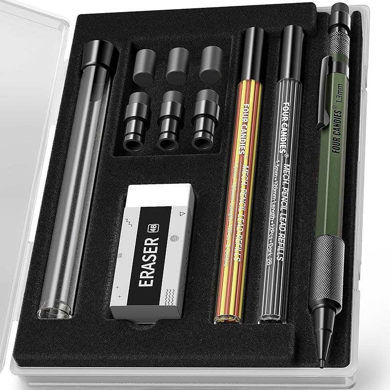 Four Candies 1.3mm mechanical pencil 1 piece With case metal sturdy carpenter pencil 24 shear cores (red, black, yellow) 3 eraser 12 eraser refills
Four Candies 1.3mm mechanical pencil 1 piece With case metal sturdy carpenter pencil 24 shear cores (red, black, yellow) 3 eraser 12 eraser refills