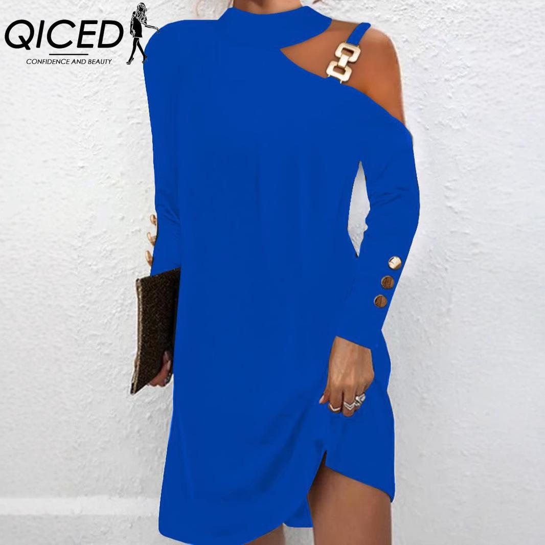 QICED Женская Мода Весна Осень Однотонный Принт Длинный Рукав Высокая Талия Повседневные Платья S синий