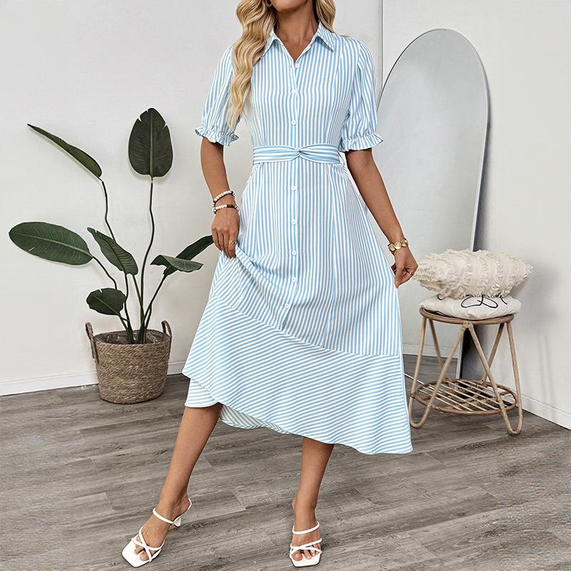 New date commuter style shirt type puff sleeve rollover striped dress women s summer dress XL синій
New date commuter style shirt type puff sleeve rollover striped dress women s summer dress XL синій