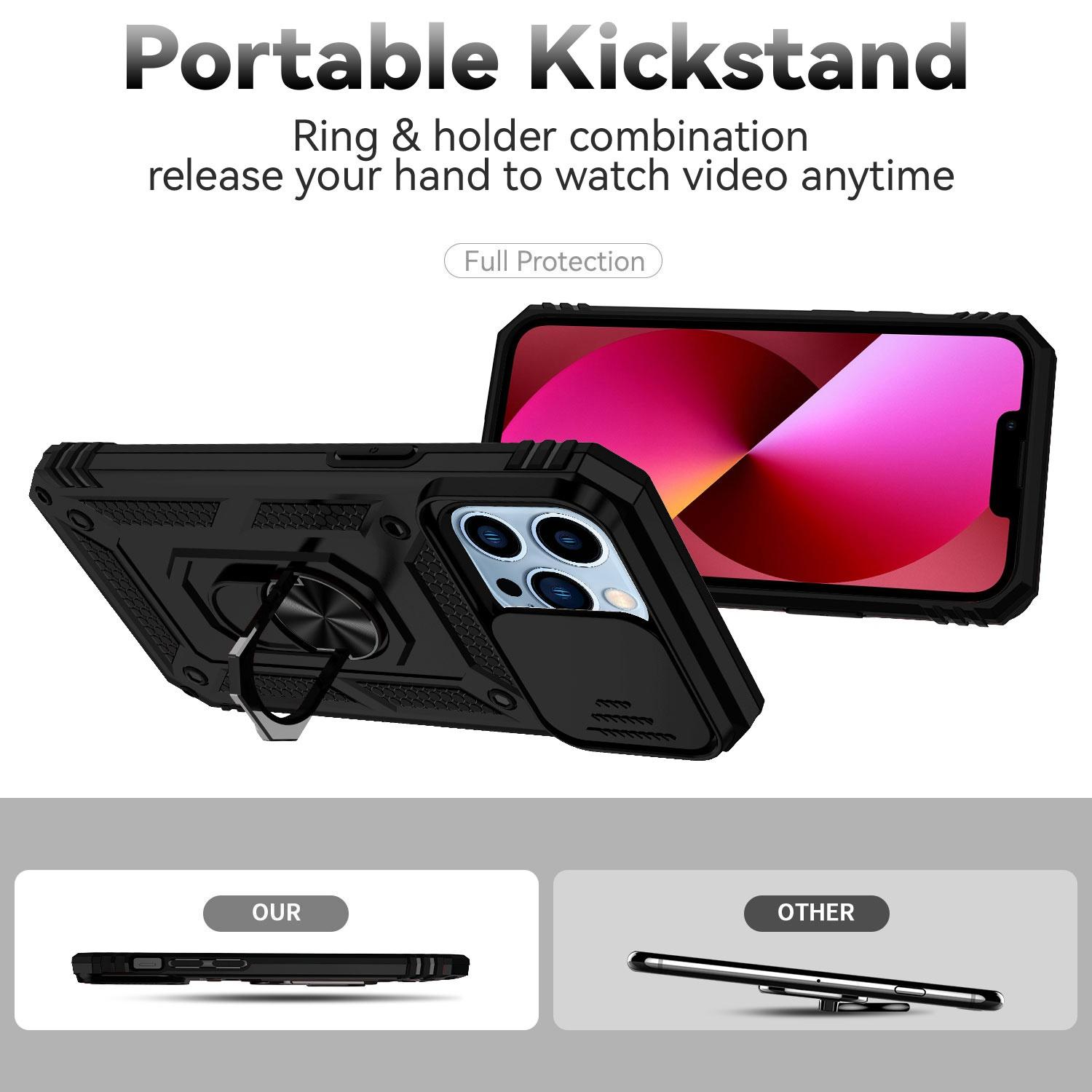 For iPhone 13 Pro 6.1 inch Slide Camera Protection Cover Lightweight Phone Case Ring Kickstand Hybrid PC+TPU Phone Shell Black
For iPhone 13 Pro 6.1 inch Slide Camera Protection Cover Lightweight Phone Case Ring Kickstand Hybrid PC+TPU Phone Shell Black