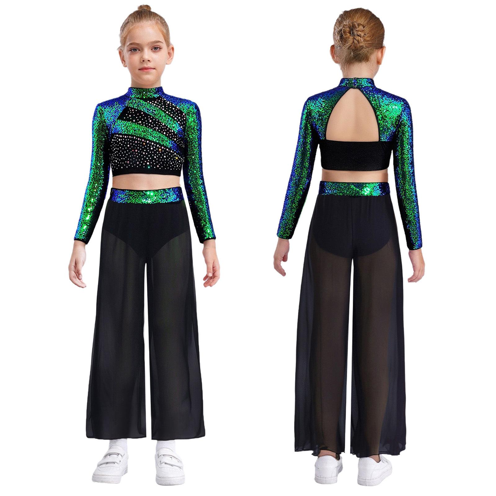 Дівчата танцювальний набір з макетом горловини та довгими рукавами, блискітками, укорочений топ, що струмує в шифоні, широкі штани для танців 5-6 Years зелений
Дівчата танцювальний набір з макетом горловини та довгими рукавами, блискітками, укорочений топ, що струмує в шифоні, широкі штани для танців 5-6 Years зелений