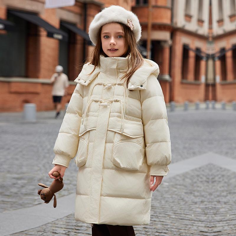 Пуховик для девочек средней длины с капюшоном, зимнее утолщенное теплое пальто для девочек 170cm бежевый