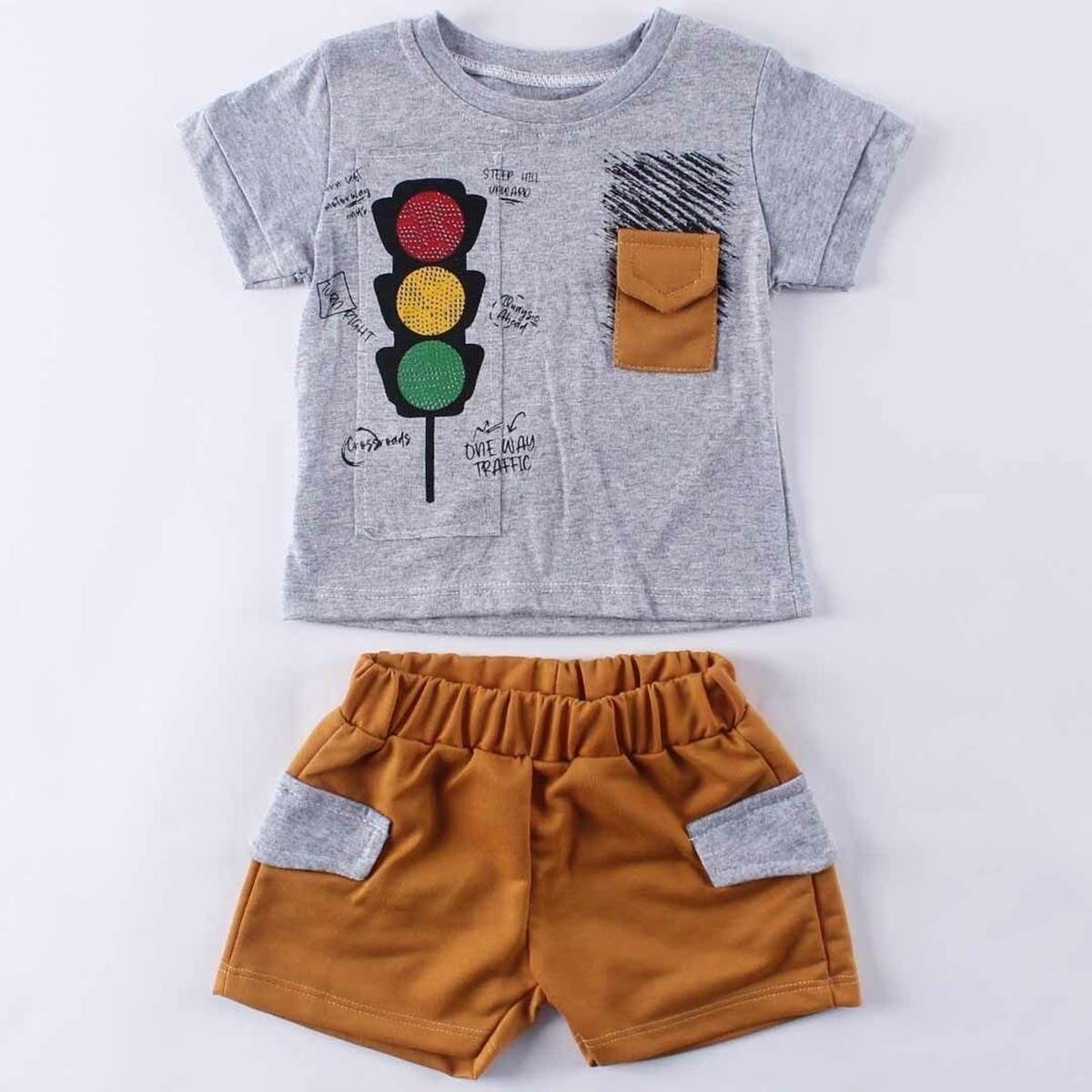 Baby Boy Gray Mustard Traffic Light Short Sleeved Shorts 2-Pack Set