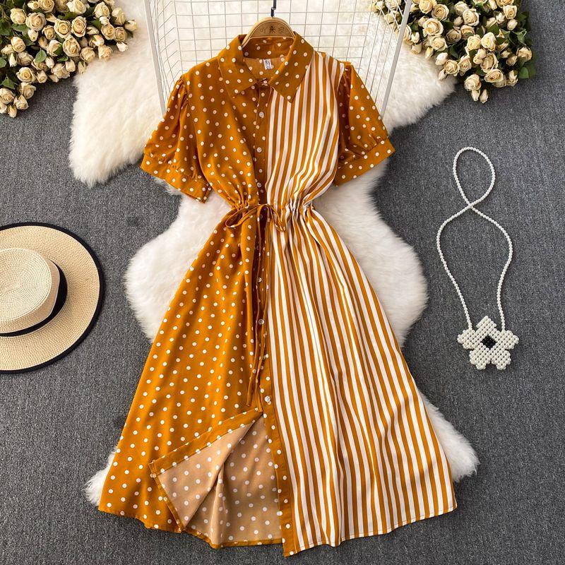 2024 Summer Korean Style Short Sleeve Lapel and Waist Tight Slim Looking Single-Breasted Mid Length Long Length A- line Polka Dot Shirt Dress Women Ginger yellow All yards
2024 Summer Korean Style Short Sleeve Lapel and Waist Tight Slim Looking Single-Breasted Mid Length Long Length A- line Polka Dot Shirt Dress Women Ginger yellow All yards