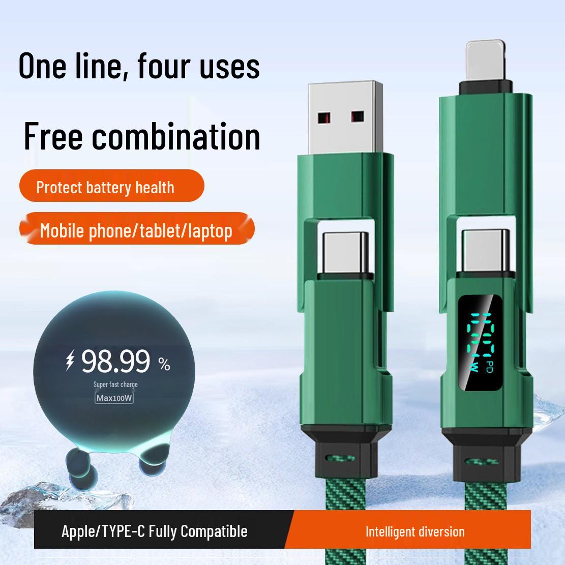 65W Fast Charging 4-in-1 Zinc Alloy Data Cable for Phones & Laptops with Laser Logo
65W Fast Charging 4-in-1 Zinc Alloy Data Cable for Phones & Laptops with Laser Logo