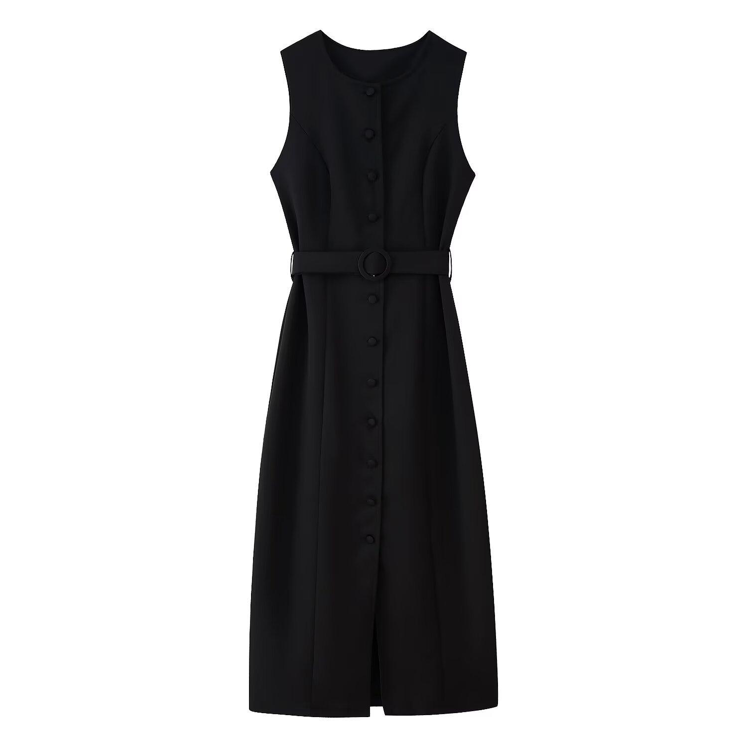 Women Sleeveless Button Front Midi Dress Round Neck Belted Elegant Casual Dress L чёрный
Women Sleeveless Button Front Midi Dress Round Neck Belted Elegant Casual Dress L чёрный