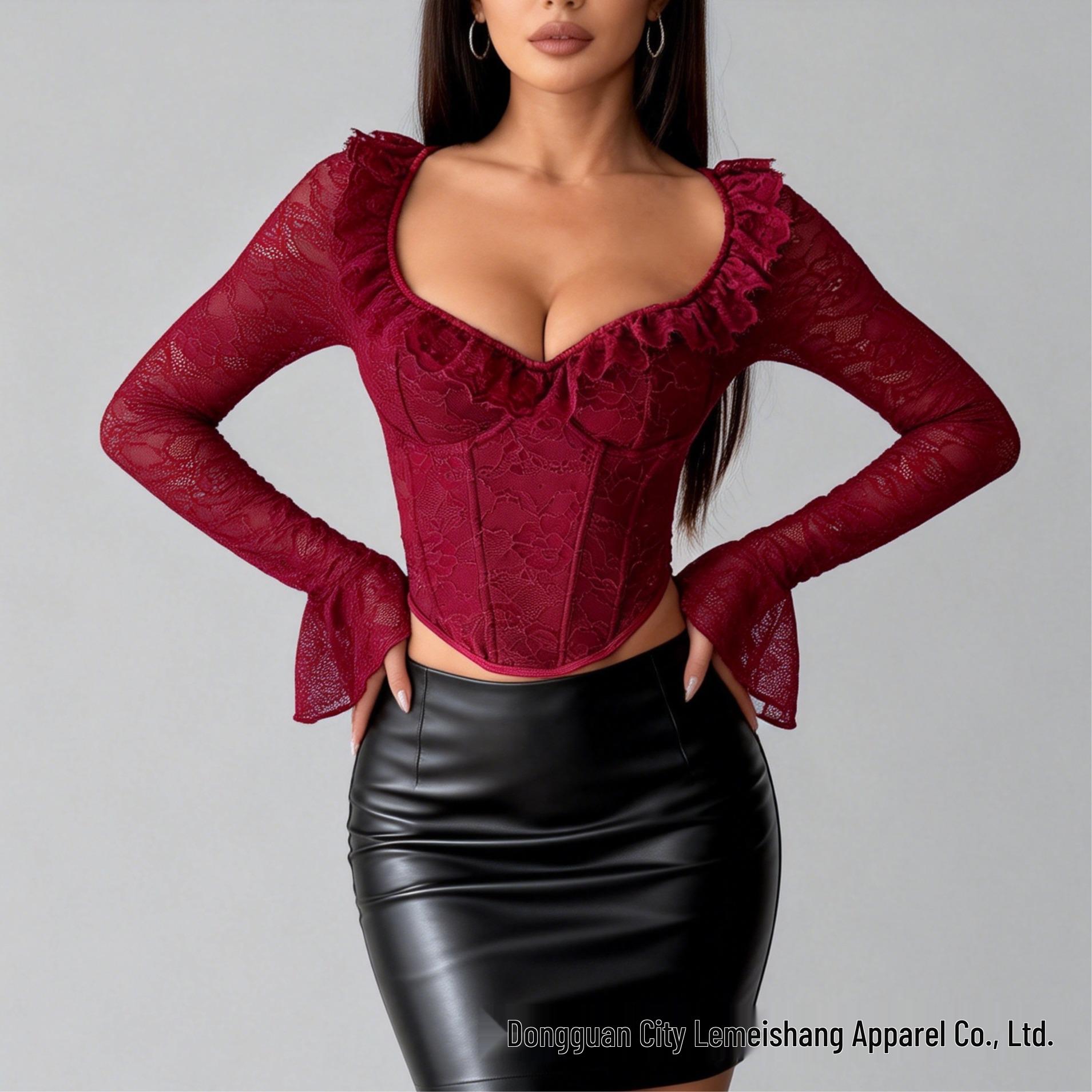 Топ на кісточках з квітковим мереживом облягаючого крою - Сексуальна сорочка з довгим рукавом Small вина червоного кольору
Топ на кісточках з квітковим мереживом облягаючого крою - Сексуальна сорочка з довгим рукавом Small вина червоного кольору
