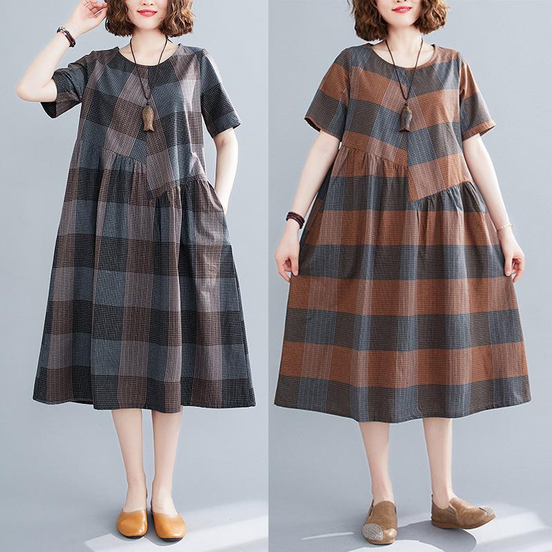 New Summer Artistic Large-sized Loose-fitting Cotton and Linen Checkered Round-neck Short-sleeved Dress for Women s Medium Length M
New Summer Artistic Large-sized Loose-fitting Cotton and Linen Checkered Round-neck Short-sleeved Dress for Women s Medium Length M