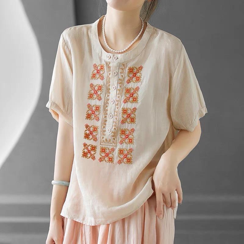 Summer new Chinese cotton and linen embroidered short-sleeved shirt women s half-open round neck solid color pullover 4XL білий
Summer new Chinese cotton and linen embroidered short-sleeved shirt women s half-open round neck solid color pullover 4XL білий