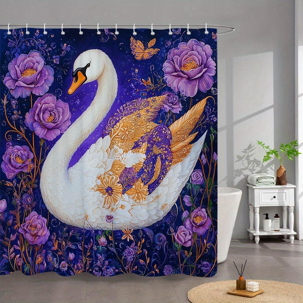 1Pc Elegant Swan Bath Curtain With Golden Floral & Purple Lavender Design, Whimsical Butterfly Accents, 12 Hooks, W60H190(CM)-1 Pcs
1Pc Elegant Swan Bath Curtain With Golden Floral & Purple Lavender Design, Whimsical Butterfly Accents, 12 Hooks, W60H190(CM)-1 Pcs