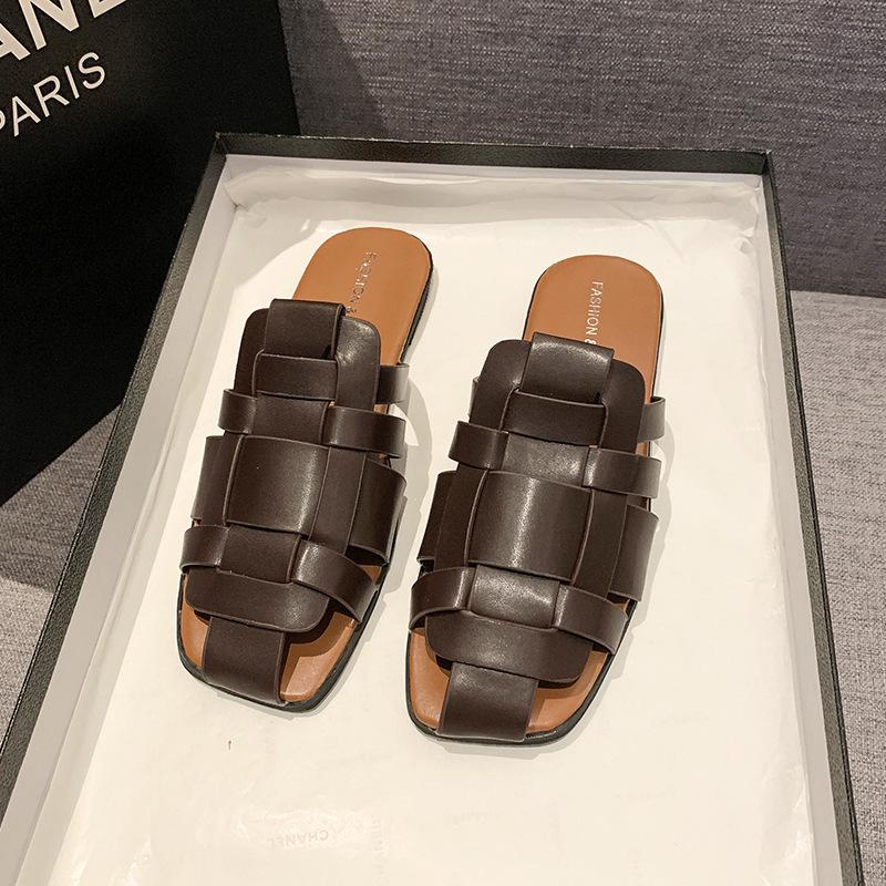 2025 внешняя торговля лето новый верхняя одежда плоское дно сумка голова ленивый мюли плетение римские крутые шлепанцы женские прилив черный 43 коричневый