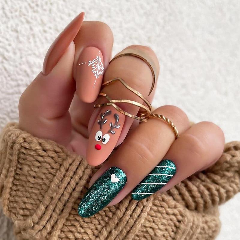 European and American Christmas Reindeer Almond Shape Green Glitter Removable Press-on Wearable Nails
European and American Christmas Reindeer Almond Shape Green Glitter Removable Press-on Wearable Nails