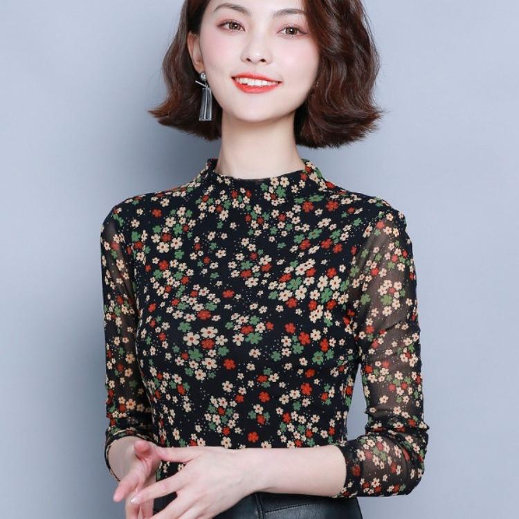 Весенняя рубашка с сетчатой подложкой с большим цветочным принтом, женская рубашка из тонкой пряжи с длинным рукавом, рубашка в западном стиле, облегающий топ XXL