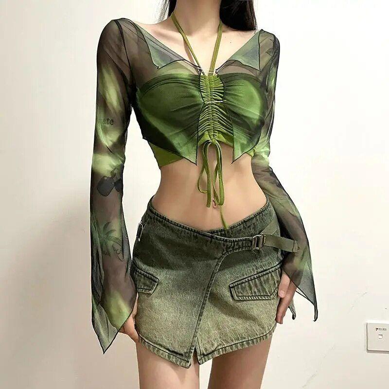 2023 Summer New Style Spicy Girl Personality Green Tie-Dye Halter Neck Short Slim-Fit Slimming Top with Off-Shoulder Long Sleeves Green Two Piece Set S
2023 Summer New Style Spicy Girl Personality Green Tie-Dye Halter Neck Short Slim-Fit Slimming Top with Off-Shoulder Long Sleeves Green Two Piece Set S