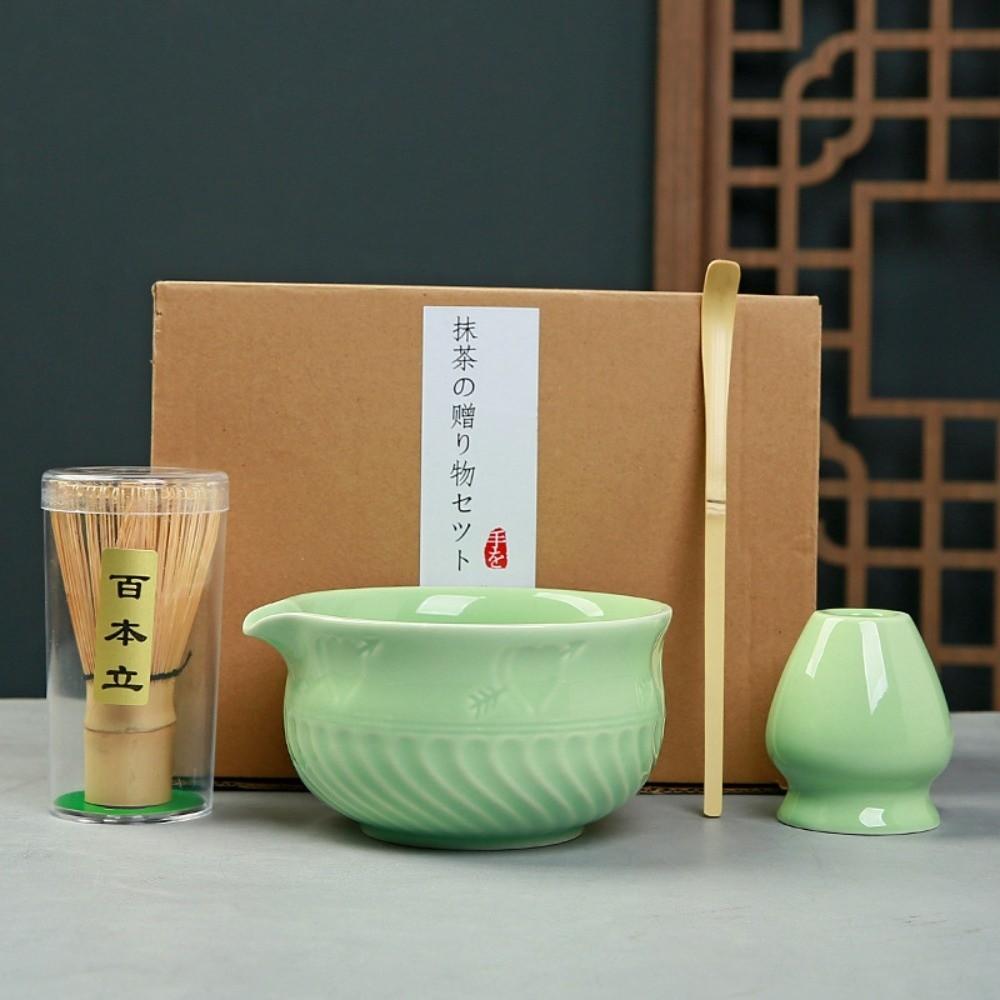 4 шт. Керамический бамбуковый японский набор для чая матча Чаша для матча Венчик Чайная ложка Чайные наборы Любителям чая Green2