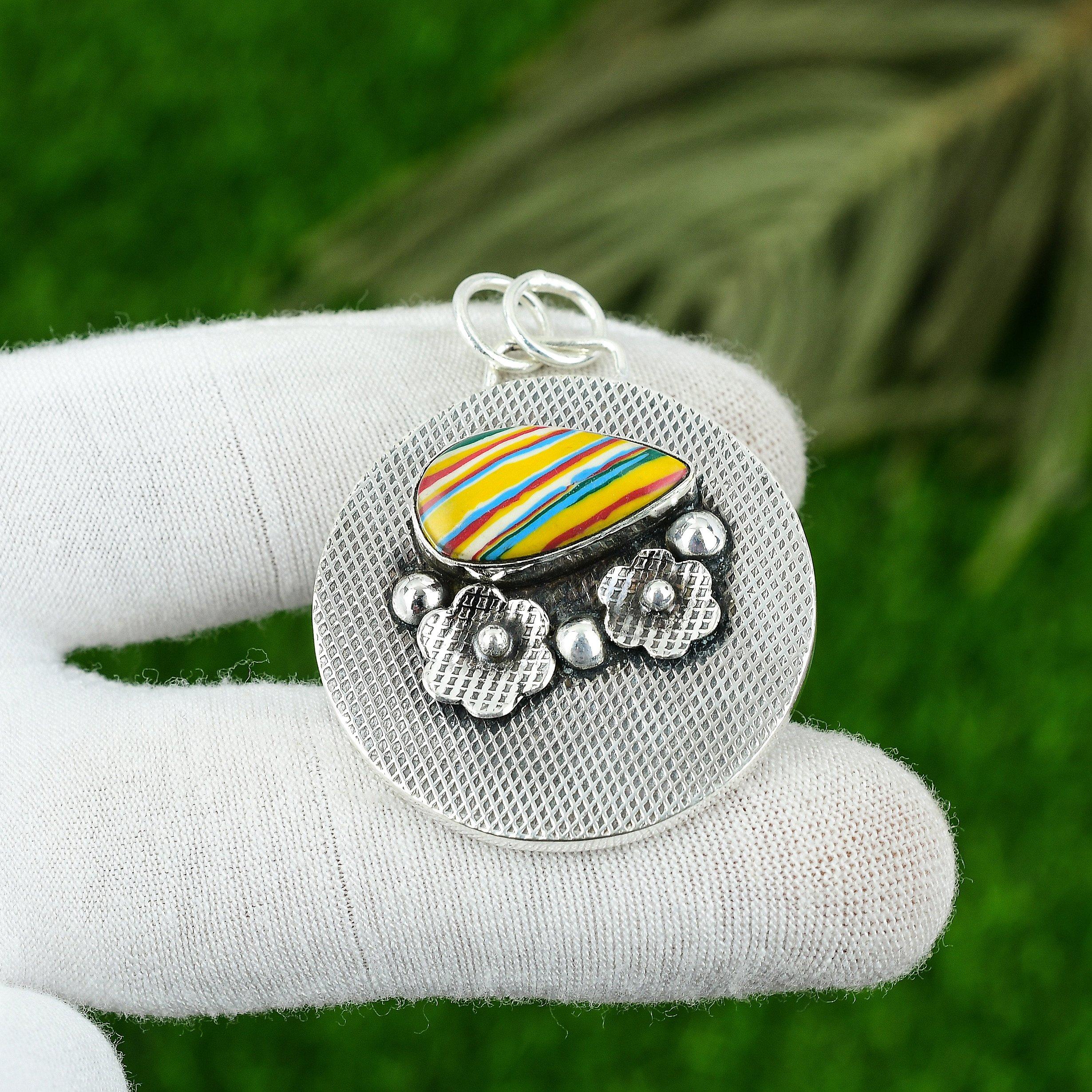 Birthday Gift For Her Natural Rainbow Calsilica Gemstone Pendant 925 Silver
Birthday Gift For Her Natural Rainbow Calsilica Gemstone Pendant 925 Silver
