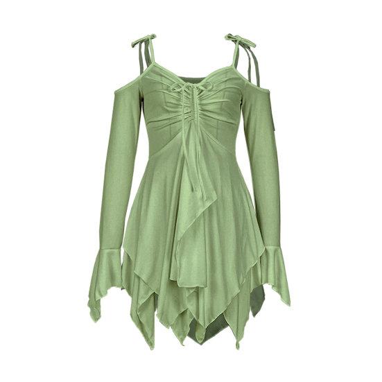 Подол Шнуровка Длинный рукав Шея Сплошной цвет Плиссированный V-образный вырез С открытыми плечами Длина Производительность L зелёный