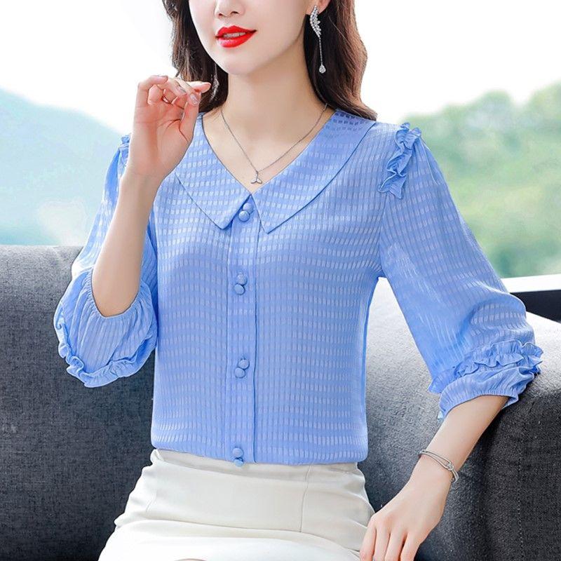Mom s 3/4 Sleeve Blouse Solid Color Women s Shirt Summer New Doll Collar Chiffon Bottoming Top M-4XL XXXL світло-синій колір
Mom s 3/4 Sleeve Blouse Solid Color Women s Shirt Summer New Doll Collar Chiffon Bottoming Top M-4XL XXXL світло-синій колір