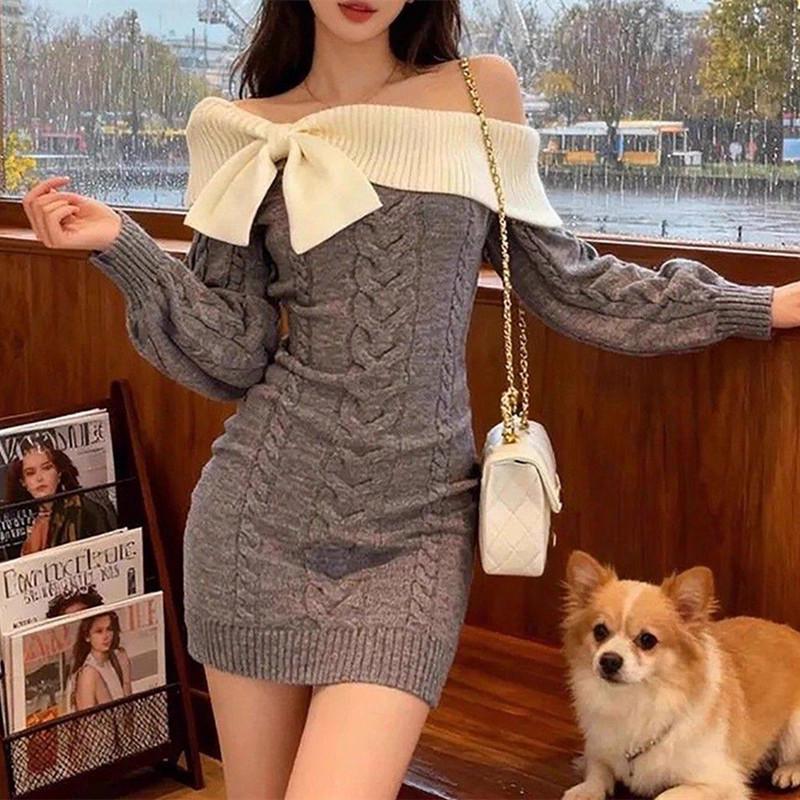 Autumn/Winter Slimming Waist Bodycon Off-Shoulder Knit Dress with Bowknot – French Spicy Style for Women One Size (80-120) сірий колір
Autumn/Winter Slimming Waist Bodycon Off-Shoulder Knit Dress with Bowknot – French Spicy Style for Women One Size (80-120) сірий колір