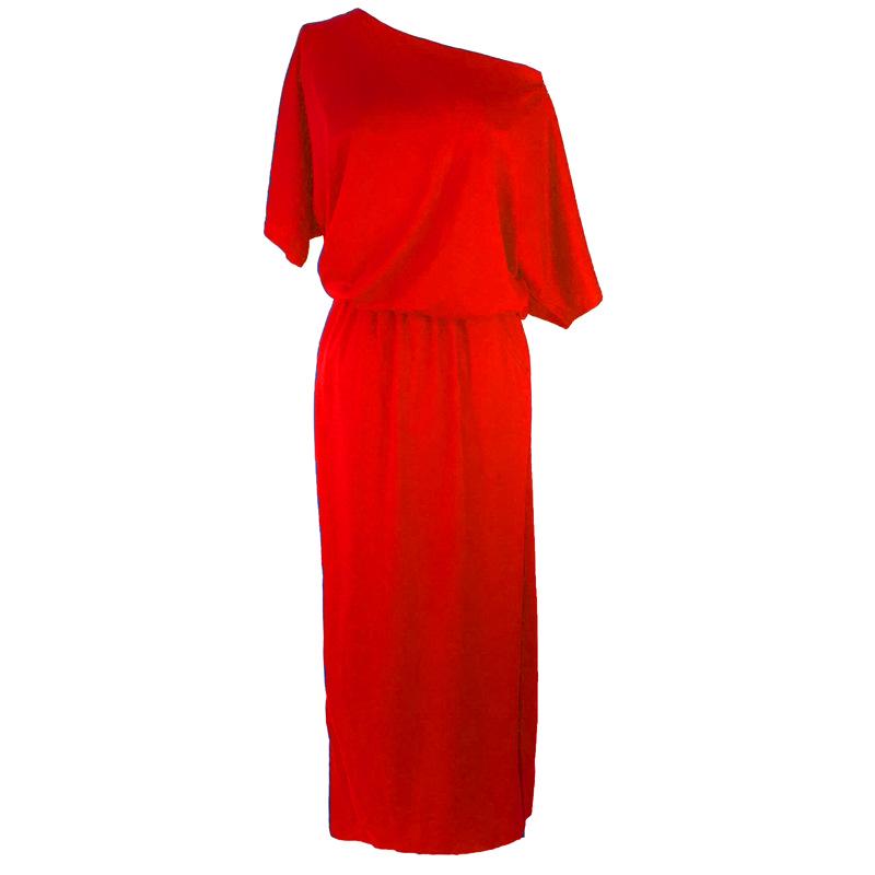 Женское летнее однотонное свободное длинное платье макси с нерегулярным боковым разрезом и карманами S