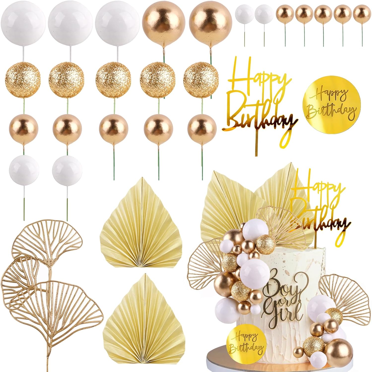 White Gold Balls Cake Toppers with Gold Palm Leaves Boho Birthday Cake Decoration Balloon Cake Insert for Birthday Wedding Party белого золота
White Gold Balls Cake Toppers with Gold Palm Leaves Boho Birthday Cake Decoration Balloon Cake Insert for Birthday Wedding Party белого золота