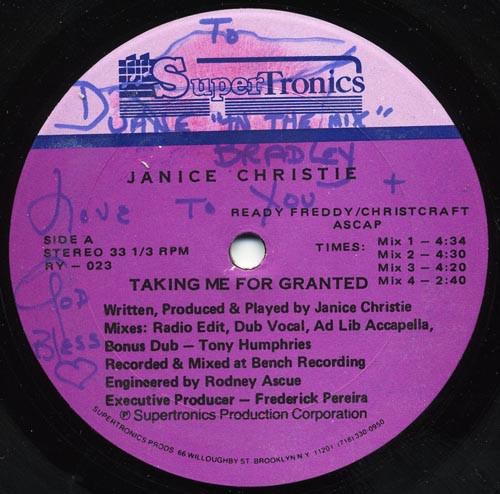 12inch Record JANICE CHRISTIE - Taking Me For Granted RY023 Supertronics US Dance & Electronica Used
12inch Record JANICE CHRISTIE - Taking Me For Granted RY023 Supertronics US Dance & Electronica Used