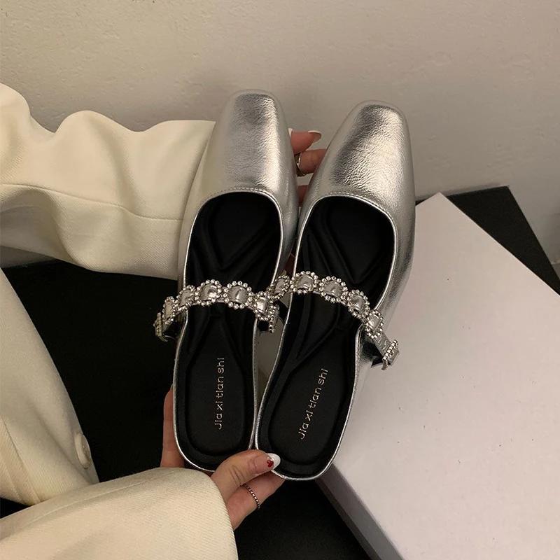 Модные женские хрустальные мюли, балетки, шлепанцы, дизайнерские сандалии, платье, квадратный носок, кожаные шлепанцы, лето, слингбэк, пряжка, де мухер, горячая распродажа 35 серебряный