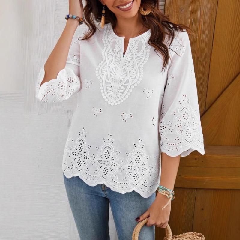 white split neck three quarter sleeve eyelet embroidery blouse for women S білий
white split neck three quarter sleeve eyelet embroidery blouse for women S білий