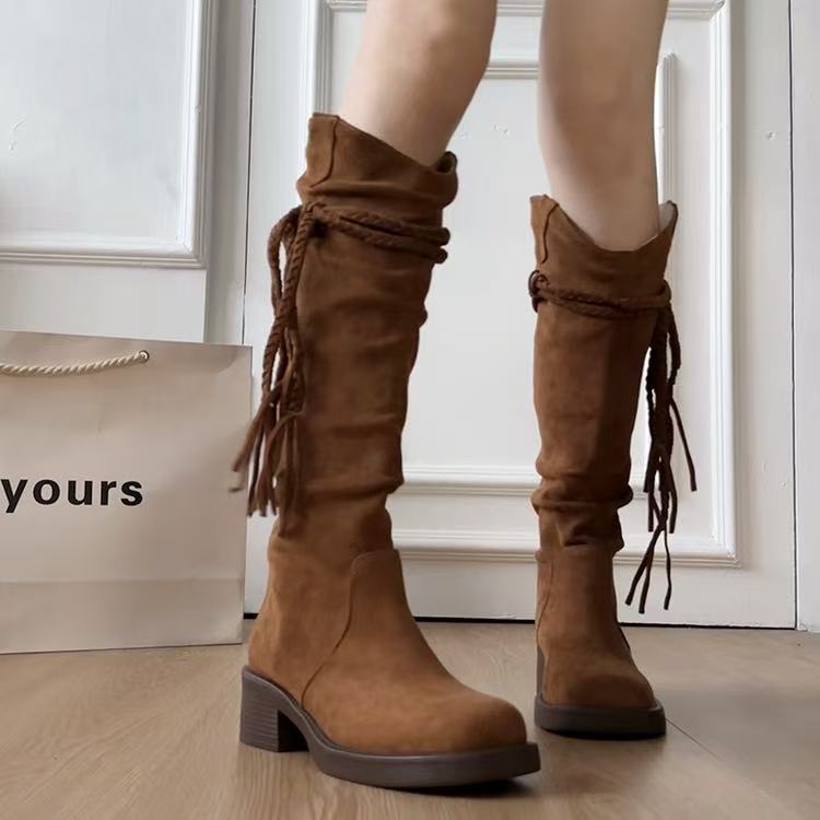 2025 Осень Ретро Сапоги Кисточки Рыцарские Сапоги Женские Толстый Каблук Но Колено Сапоги Узкие Сапоги с Ворсом Высокие Сапоги Женские 40 верблюд