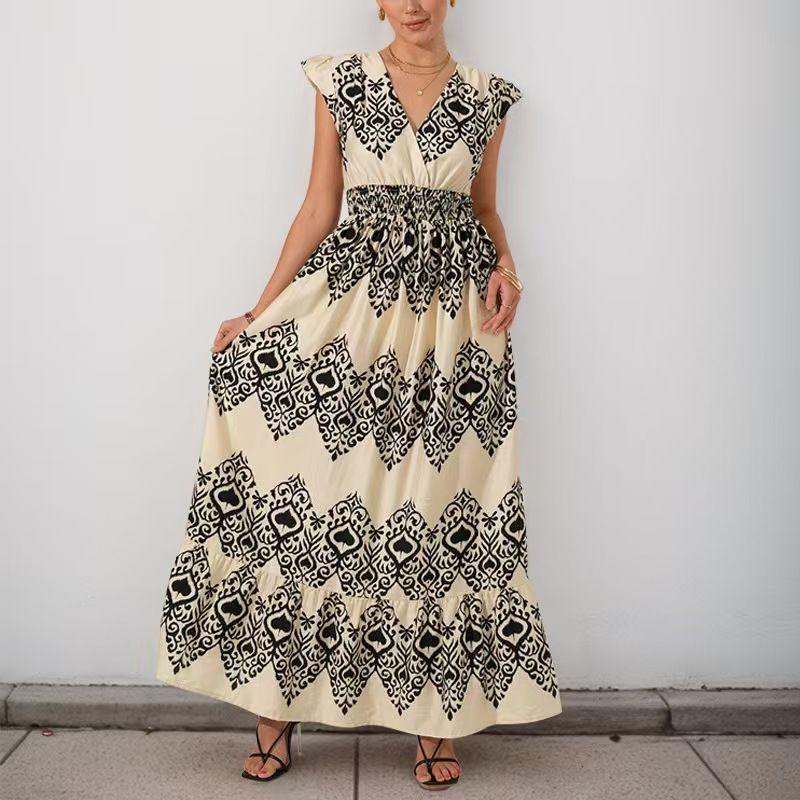 Fashion New Holiday Print Dress Casual V-neck High Waist Flying Sleeves Long Dress Printed Dress Beige S
Fashion New Holiday Print Dress Casual V-neck High Waist Flying Sleeves Long Dress Printed Dress Beige S