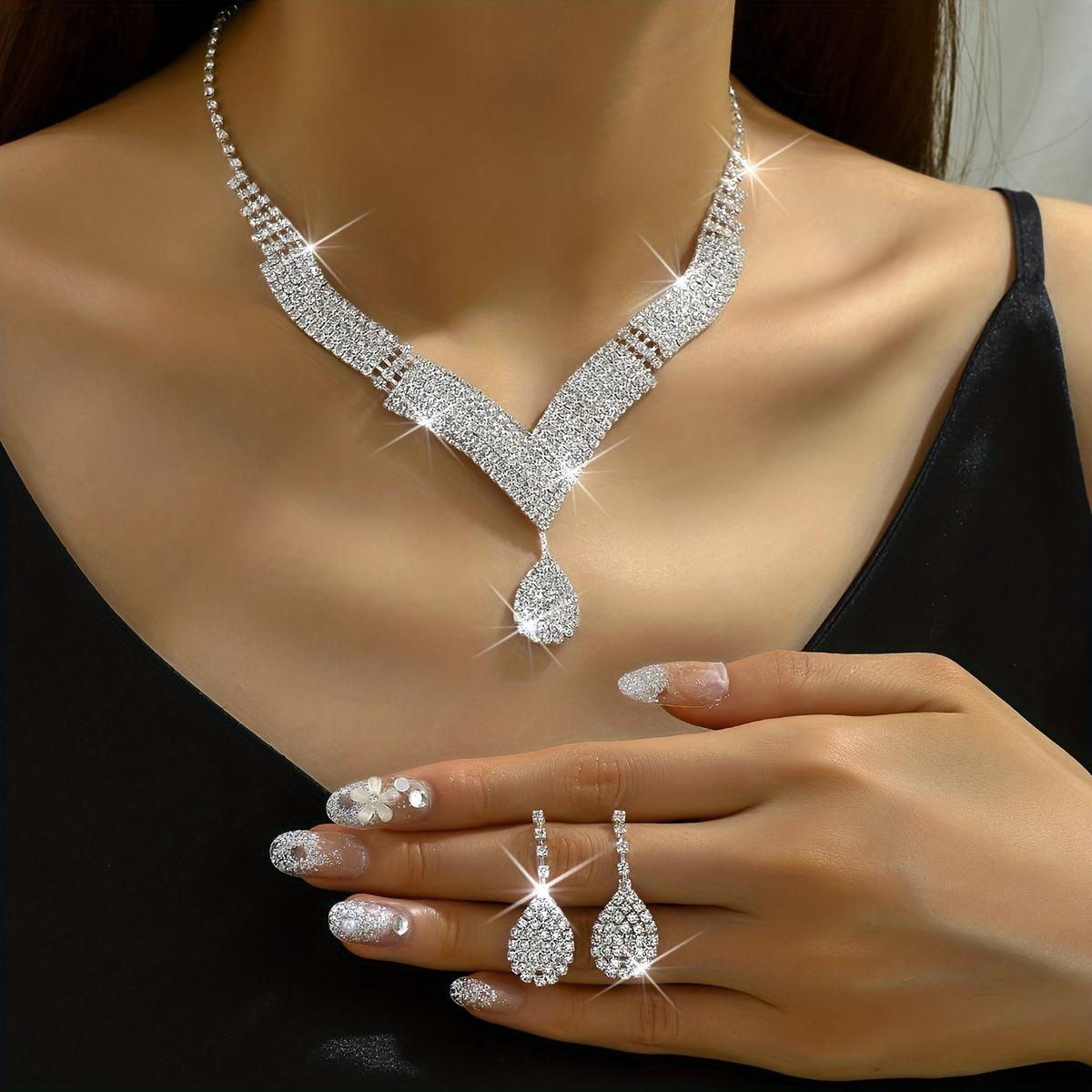 1 пара сережек и 1 ожерелье, элегантный комплект ювелирных изделий, посеребренные инкрустированные стразами, ослепительные ювелирные изделия, изысканный подарок на день рождения для женщин
