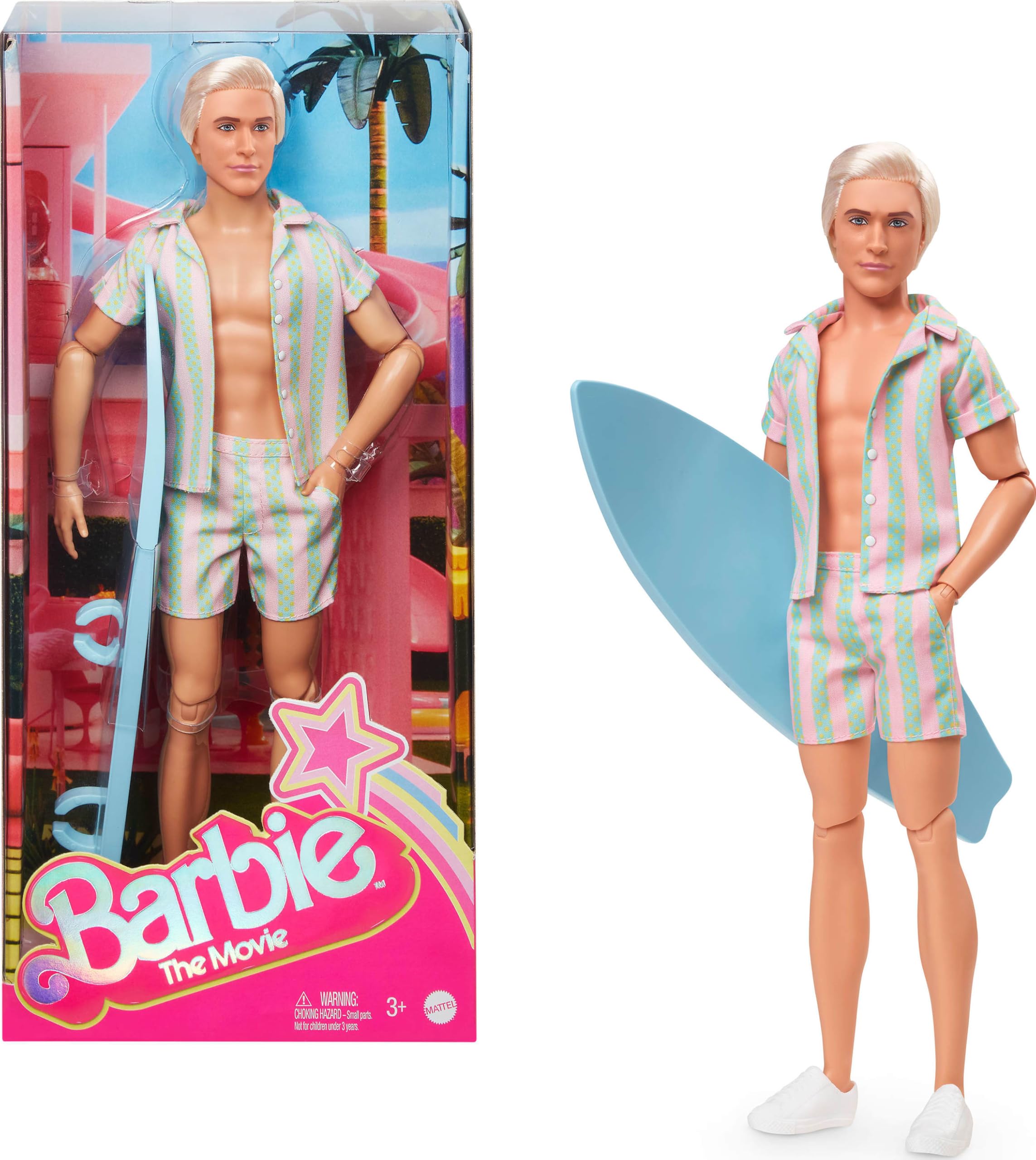 Barbie Movie Ken Doll Pastel Pink and Green Striped Beach Matching Set with Surfboard and White Sneakers
Barbie Movie Ken Doll Pastel Pink and Green Striped Beach Matching Set with Surfboard and White Sneakers