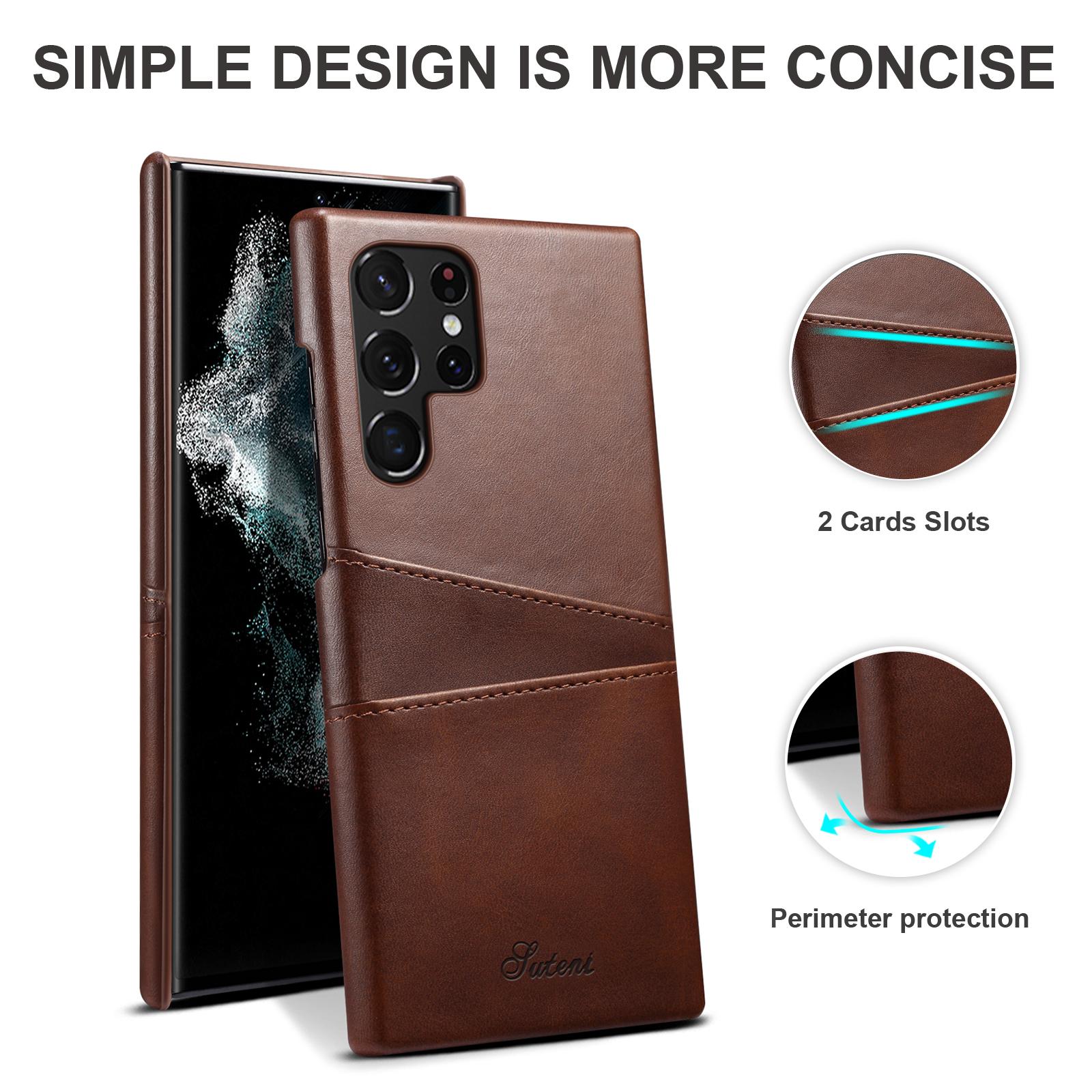 SUTENI for Samsung Galaxy S22 Ultra 5G PU Leather Coated PC Case Well-protected Textured Mobile Phone Cover with Card Holders Brown 
SUTENI for Samsung Galaxy S22 Ultra 5G PU Leather Coated PC Case Well-protected Textured Mobile Phone Cover with Card Holders Brown