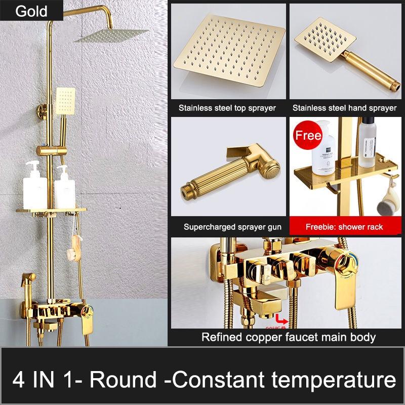 Роскошный золотой душевой набор 4 в 1 с распылителем, смеситель для ванной комнаты, смеситель для холодной и горячей воды, душ из нержавеющей стали Round - Thermostatic
Роскошный золотой душевой набор 4 в 1 с распылителем, смеситель для ванной комнаты, смеситель для холодной и горячей воды, душ из нержавеющей стали Round - Thermostatic