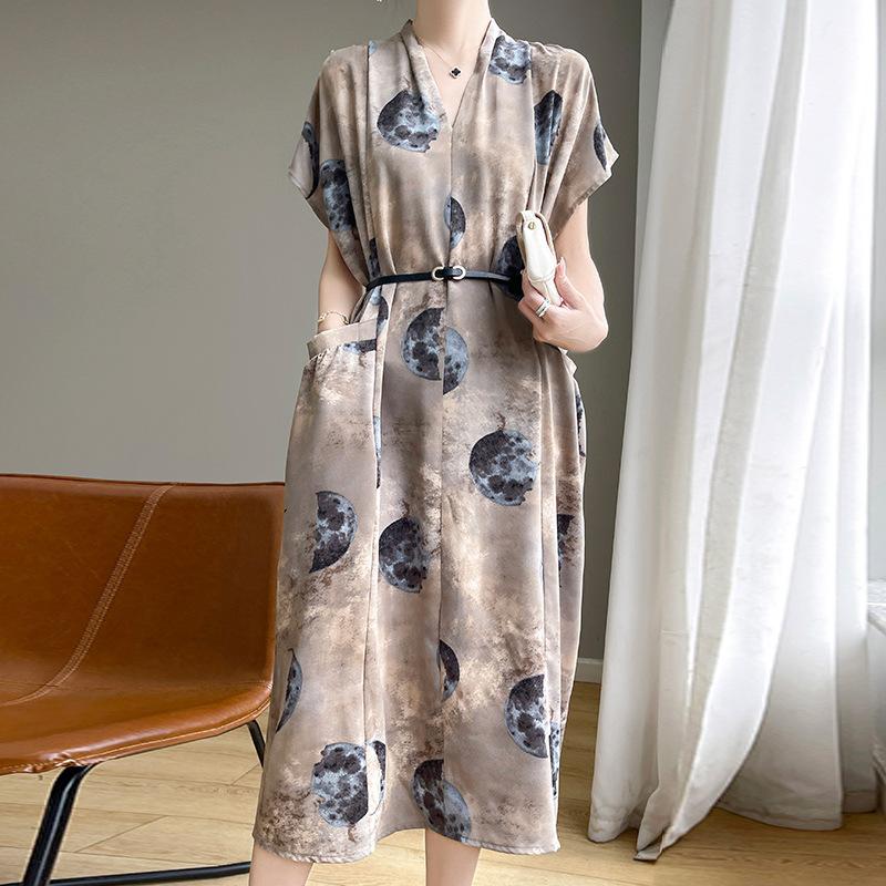 Новое летнее платье с V-образным вырезом, темпераментное, в горошек, с короткими рукавами, свободного кроя, универсальное, для женщин, ретро, французская длинная юбка XXL