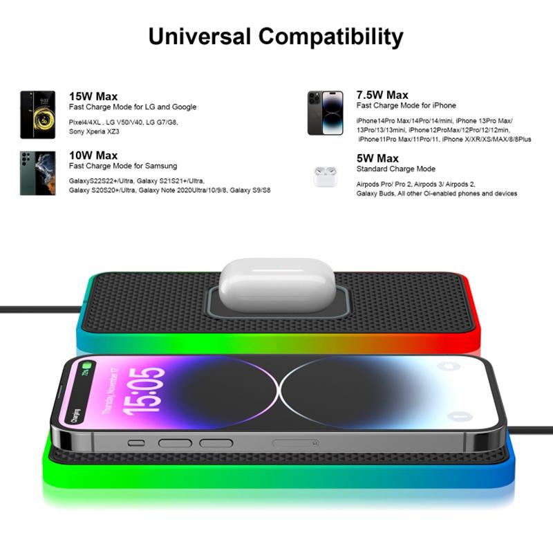 Ambient Light Car 15W Cellphone Wireless Charger Non-Slip Mat Auto SUV Charging Pad with 0.3m USB Cable Type A
Ambient Light Car 15W Cellphone Wireless Charger Non-Slip Mat Auto SUV Charging Pad with 0.3m USB Cable Type A