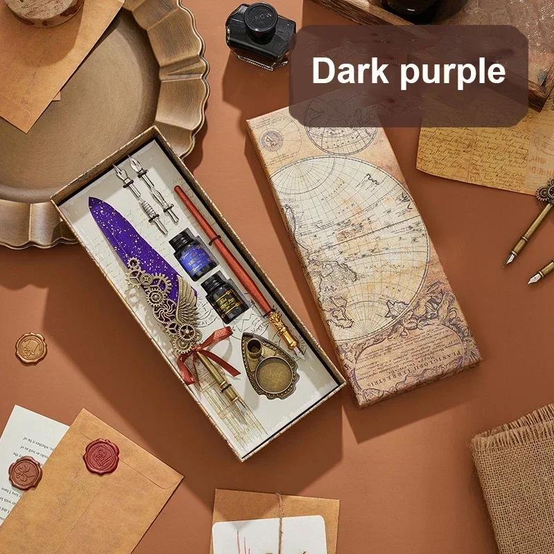 Ретро Механическая ручка в стиле панк с перьевыми ручками и чернилами для макания + 5 перьев Набор деловых подарков Подпись Ручка для отправки друзьям Подарки на праздники темно-фиолетового