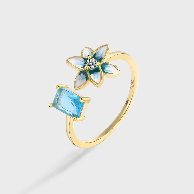 НОВОЕ креативное 18-каратное золото, эмаль, цветы, оригинальное кольцо из стерлингового серебра для пар для женщин, багет, сапфир, ювелирные изделия на день Святого Валентина Resizable жёлтый