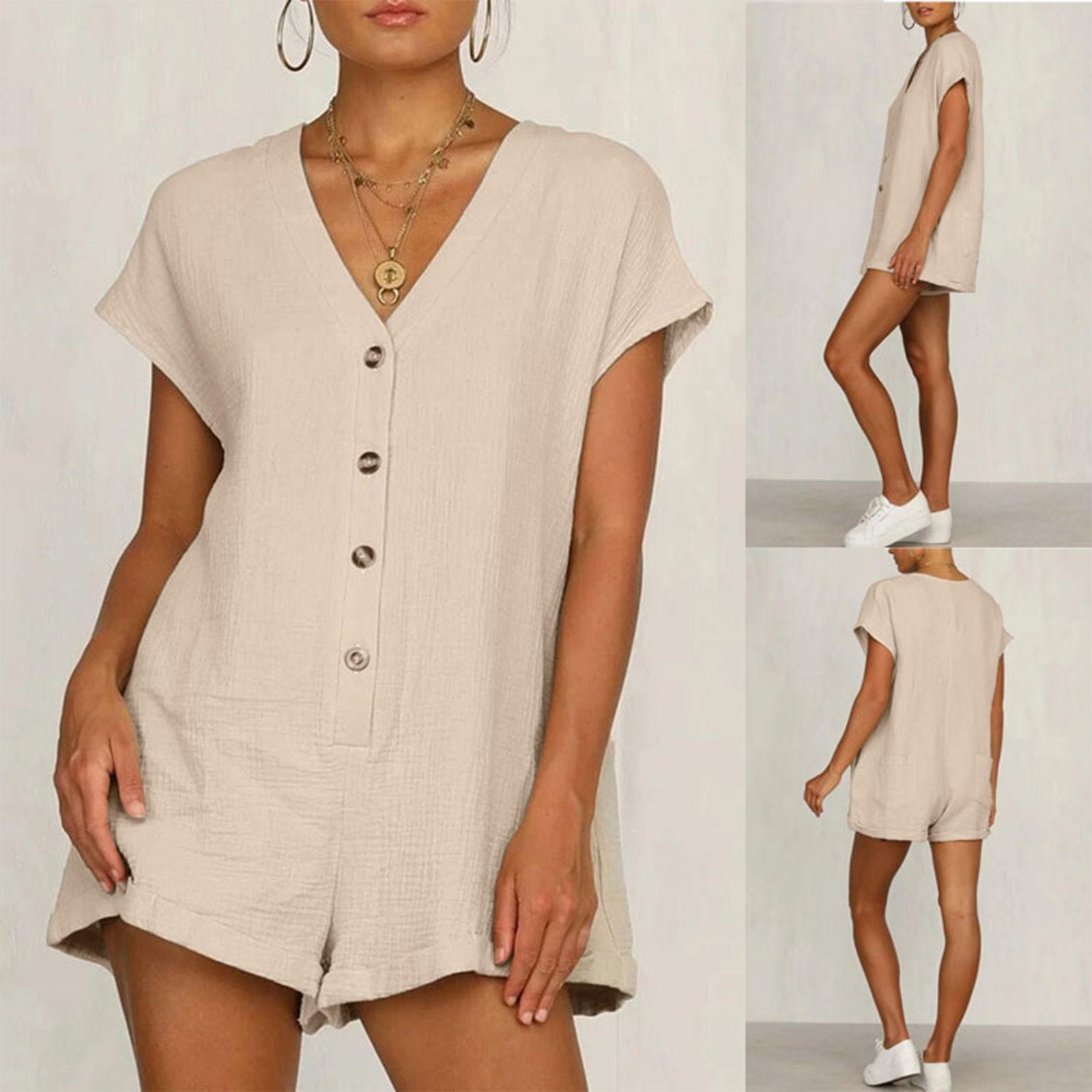 Женский однотонный повседневный однобортный хлопковый комбинезон с короткими рукавами и большими размерами M хаки 
Женский однотонный повседневный однобортный хлопковый комбинезон с короткими рукавами и большими размерами M хаки