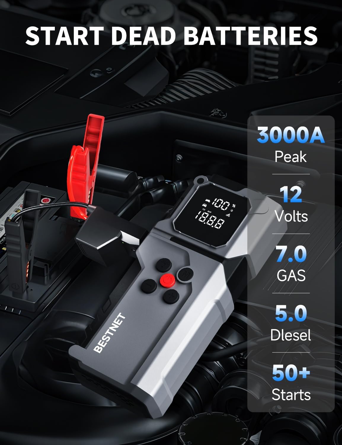 Q27 Jump Starter with Air Compressor, 3000A 12V Portable Booster, 150PSI Tire Inflator, LED Light Jumper Cables for 7.0L Gas & 5 United States
Q27 Jump Starter with Air Compressor, 3000A 12V Portable Booster, 150PSI Tire Inflator, LED Light Jumper Cables for 7.0L Gas & 5 United States