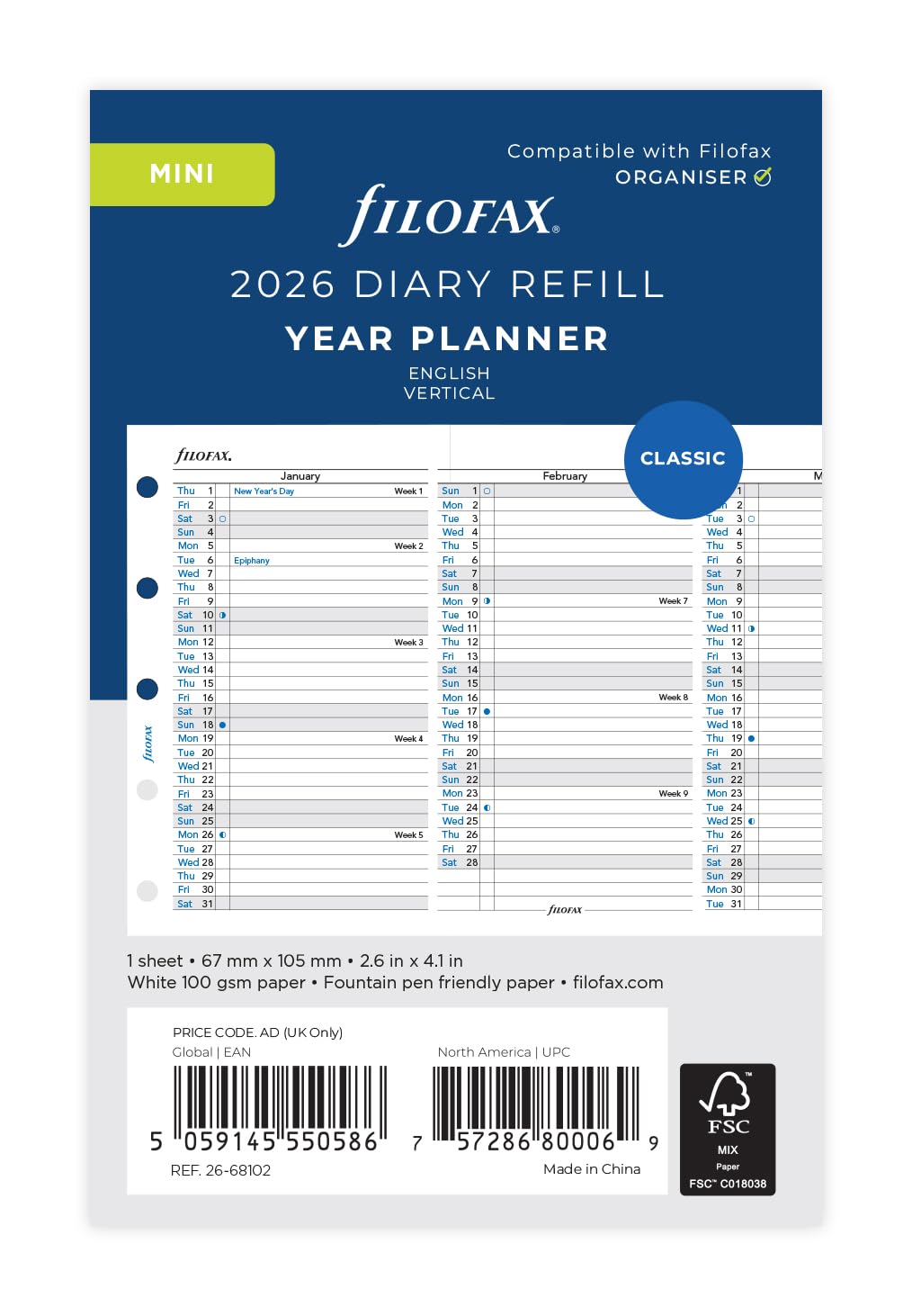 Filofax System Organizer Refill, 2026, January Start, Mini Weekly, White, 26-68102, Officially Imported
Filofax System Organizer Refill, 2026, January Start, Mini Weekly, White, 26-68102, Officially Imported