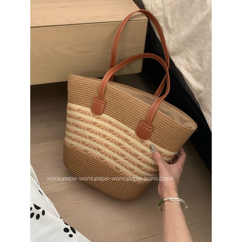 Пляжная сумка для отдыха на море Женская 2025 Новое поступление Летняя плетеная сумка через плечо Большая вместимость Подмышечная соломенная сумка-ведро Wheat spike khakis 2