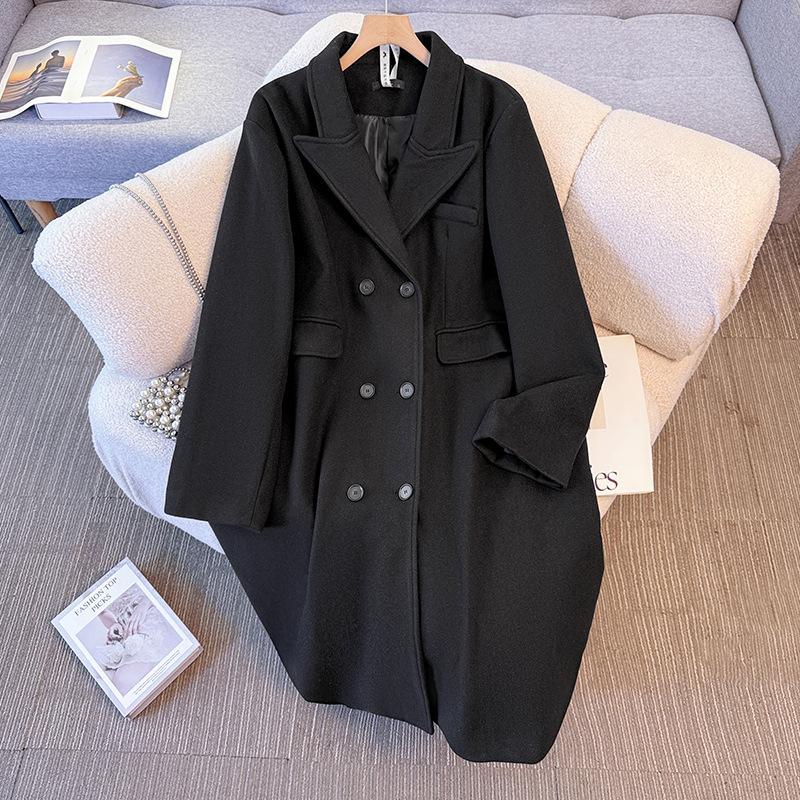 Женское шерстяное пальто больших размеров на осень и зиму, ретро тренч средней длины с цельнокроеным плечом 2XL