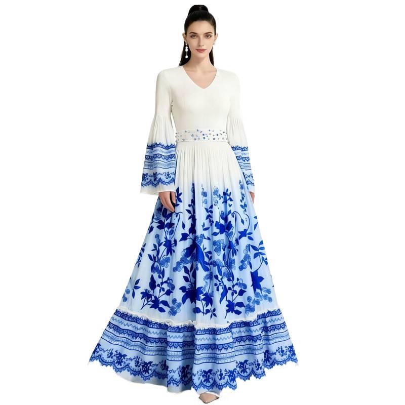 Elegant European & American Print V-Neck Flare Sleeve Dress: Slim Fit, Ruffled Hem, Waist-cinching Design for Women One Size синій
Elegant European & American Print V-Neck Flare Sleeve Dress: Slim Fit, Ruffled Hem, Waist-cinching Design for Women One Size синій