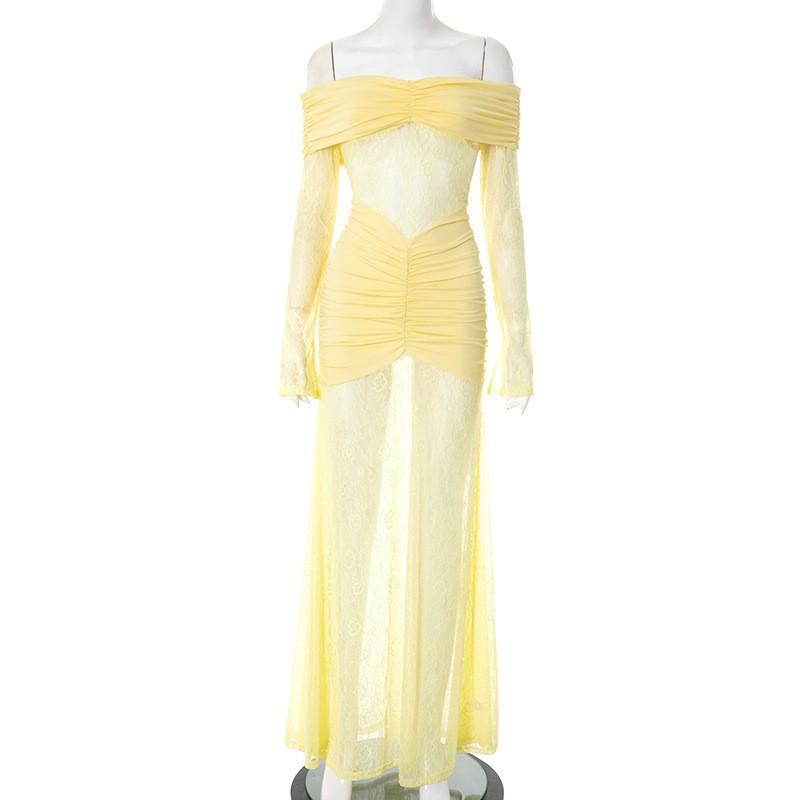 European American Women s Clothing Temperament Lace Stitching Shoulder Slit Long Sleeve Pleated Dress L жёлтый
European American Women s Clothing Temperament Lace Stitching Shoulder Slit Long Sleeve Pleated Dress L жёлтый