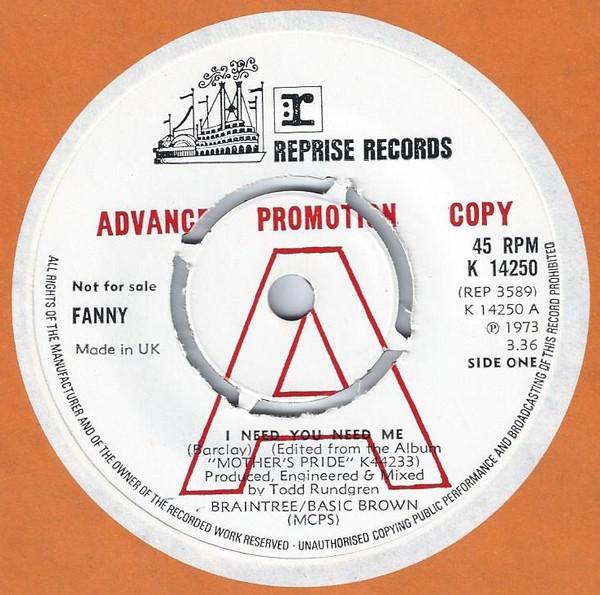 7inch Record FANNY - I Need You Need Me K14250PROMO Reprise Records 1973 UK Rock Used
7inch Record FANNY - I Need You Need Me K14250PROMO Reprise Records 1973 UK Rock Used